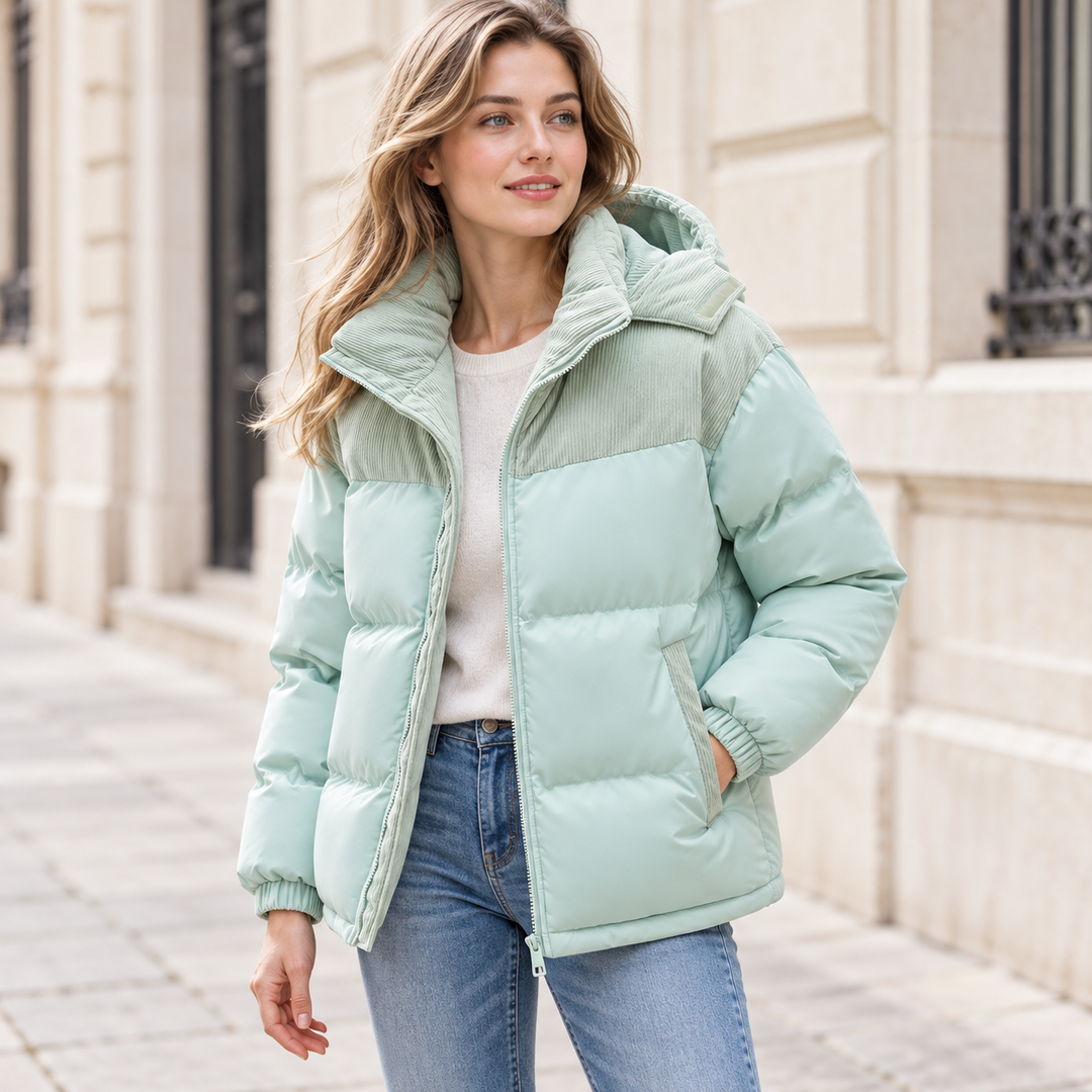 VISSONG Women’s Corduroy-Panel Hooded Puffer Jacket