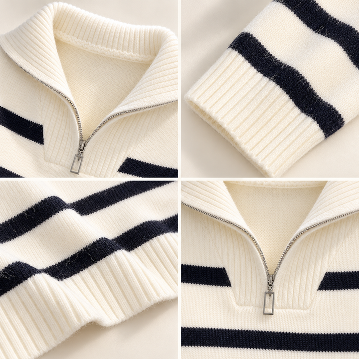 VISSONG Women’s Striped Zip-Neck Collared Knit Sweater