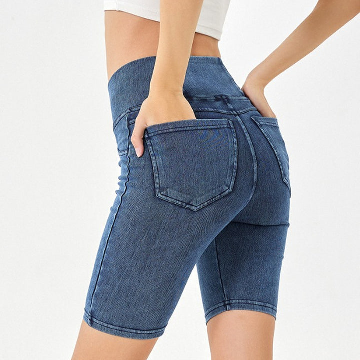 VISSONG Women’s Crossover Waist Denim Biker Shorts