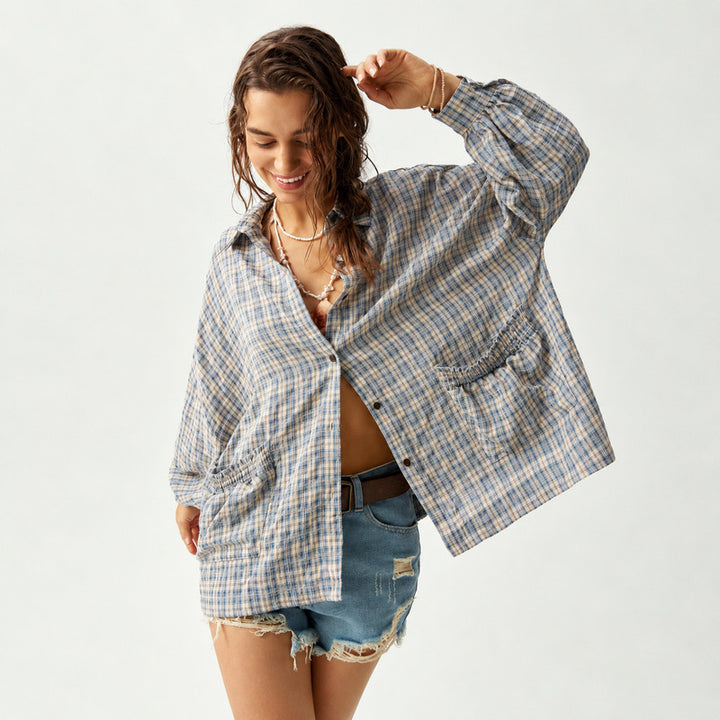 VISSONG Women’s Ruffle-Pocket Plaid Shirt