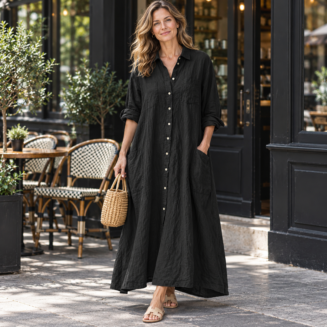 Women’s Cotton-Linen Button-Front Pocket Maxi Shirt Dress