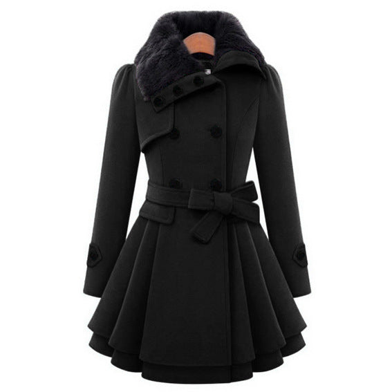 VISSONG Women’s Plush-Collar Bow-Waist Fit-and-Flare Coat