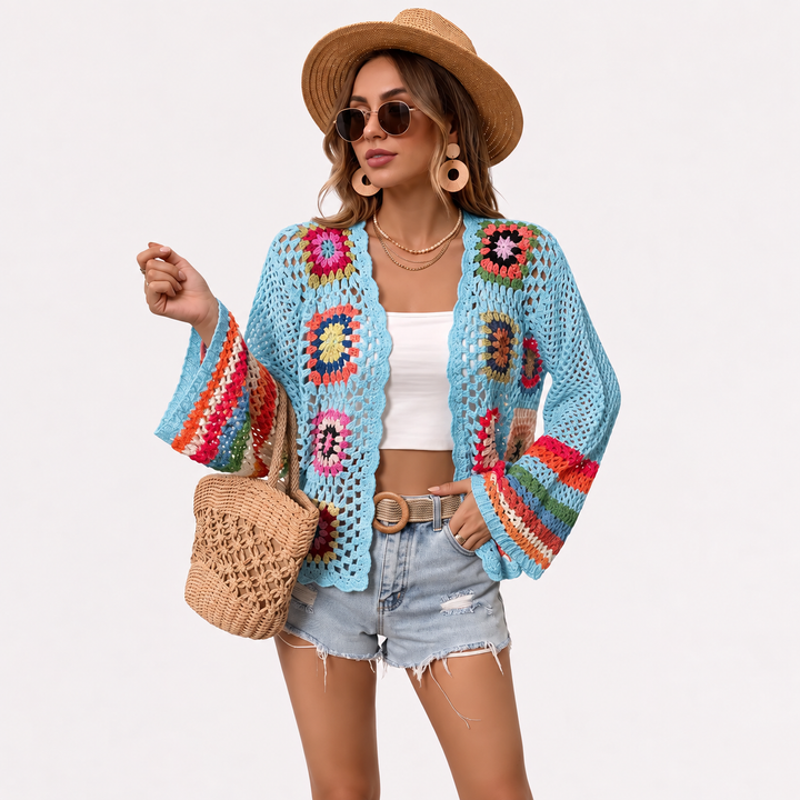 VISSONG Colorful Granny Square Crochet Cardigan
