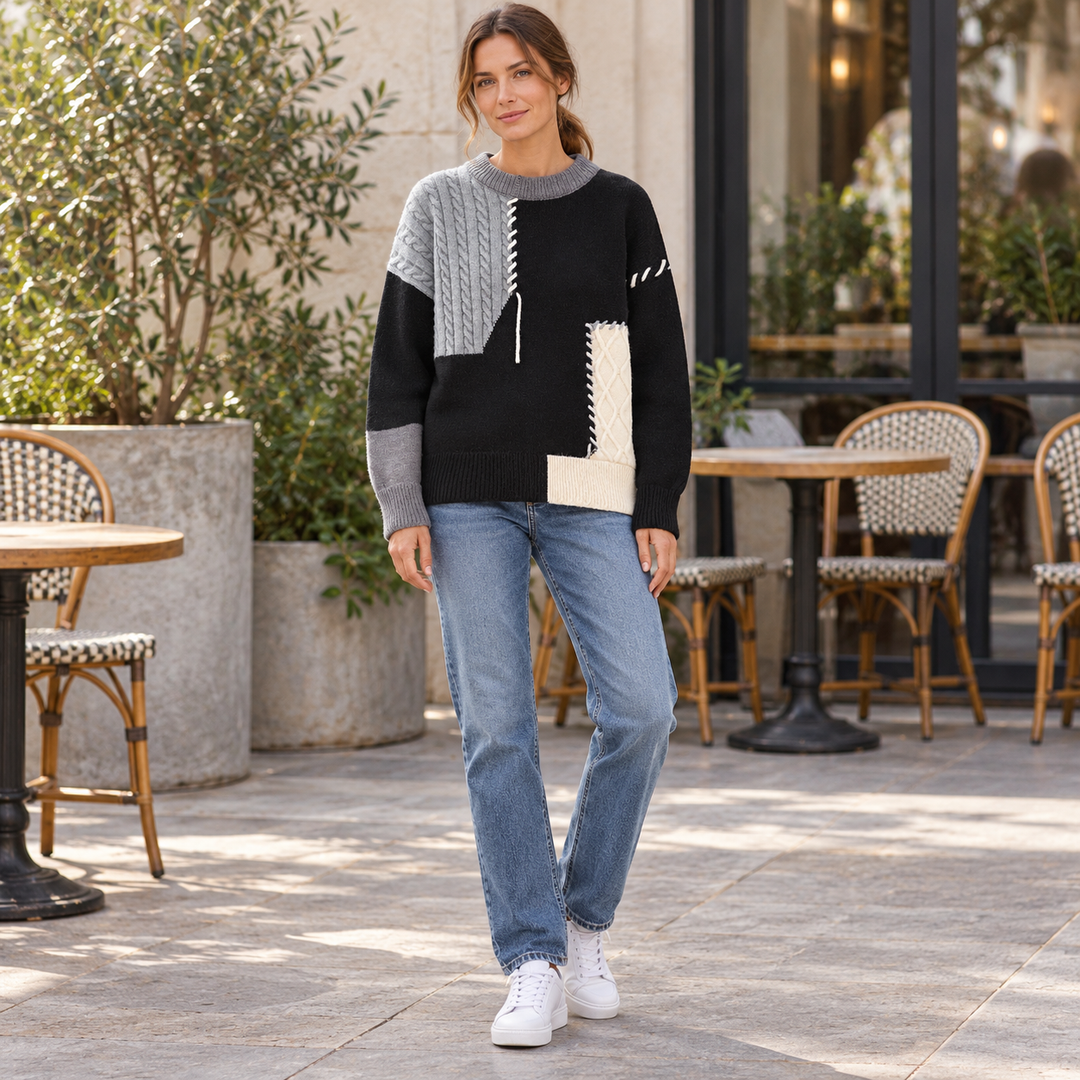 VISSONG Women’s Contrast-Stitch Cable Panel Knit Sweater