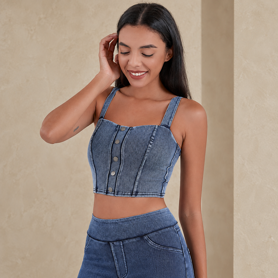 VISSONG Square-Neck Button-Front Denim Crop Top