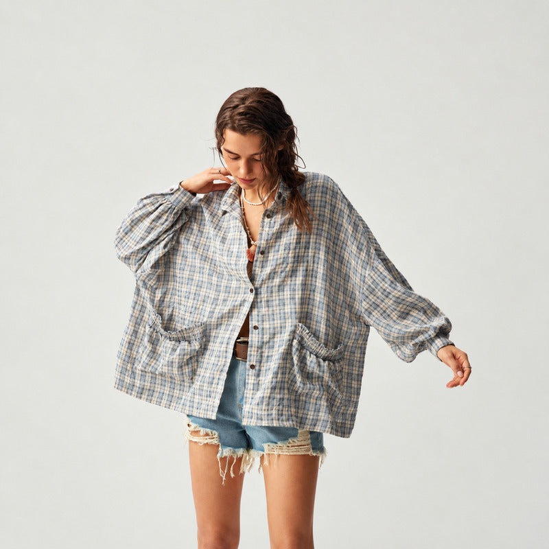 VISSONG Women’s Ruffle-Pocket Plaid Shirt