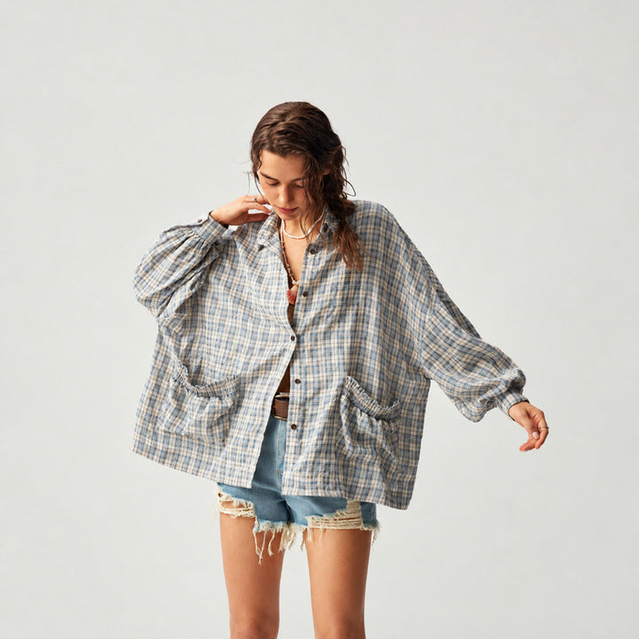 VISSONG Women’s Ruffle-Pocket Plaid Shirt