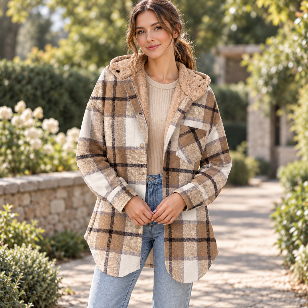 VISSONG Women’s Plush-Hood Plaid Snap-Front Shacket