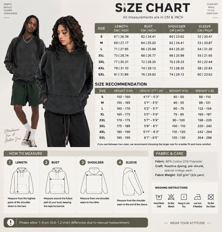 Vissong Vintage Washed Oversized Crewneck Sweatshirt and Hoodie Set