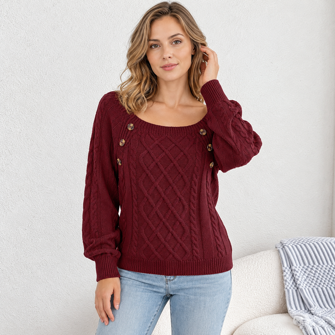 VISSONG Women’s Button-Trim Diamond Cable Knit Sweater
