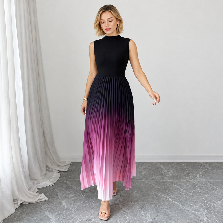 VISSONG Women’s Mock-Neck Ombré Pleated Maxi Dress