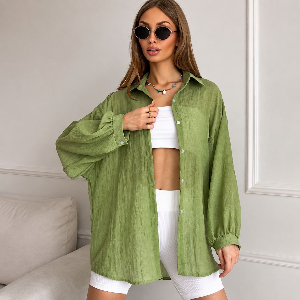 Airy Textured Oversized Button-Up Shirt