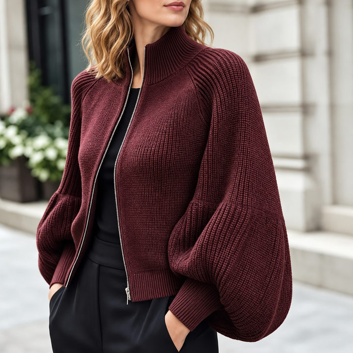 VISSONG Women’s Sculpted Rib-Knit Zip-Up Balloon Sleeve Cardigan