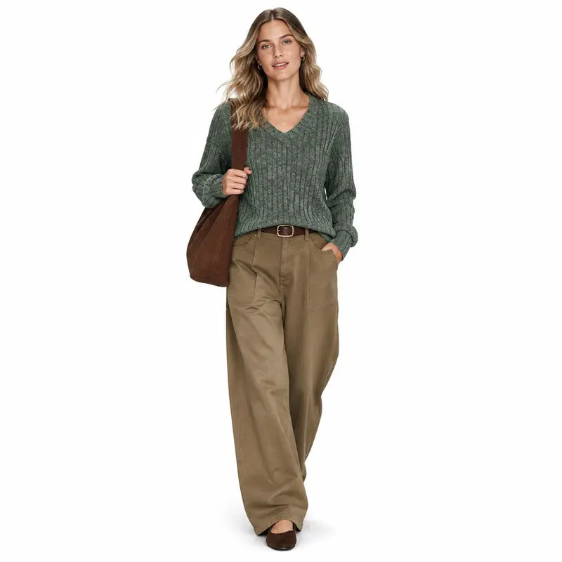 VISSONG Women’s Heathered Ribbed V-Neck Longline Sweater