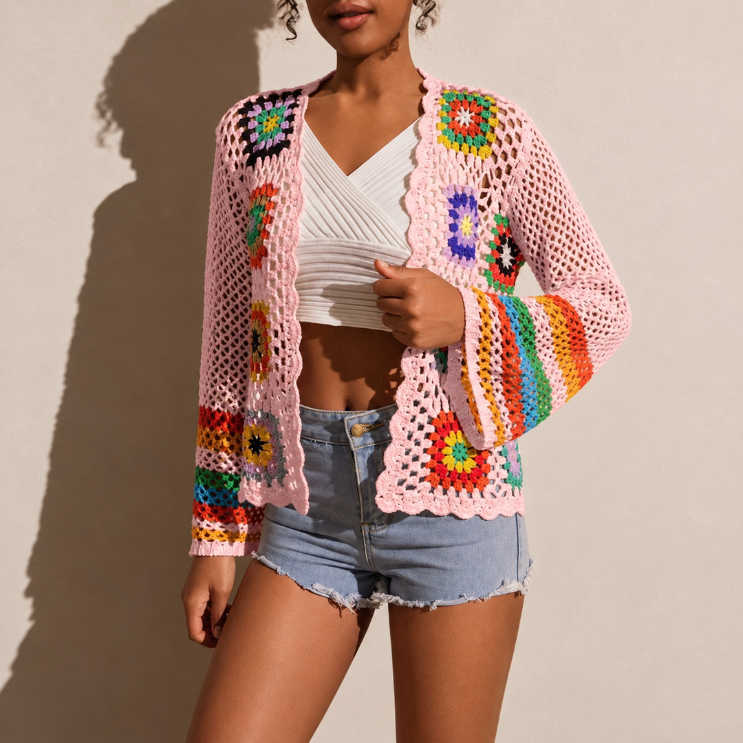 VISSONG Colorful Granny Square Crochet Cardigan