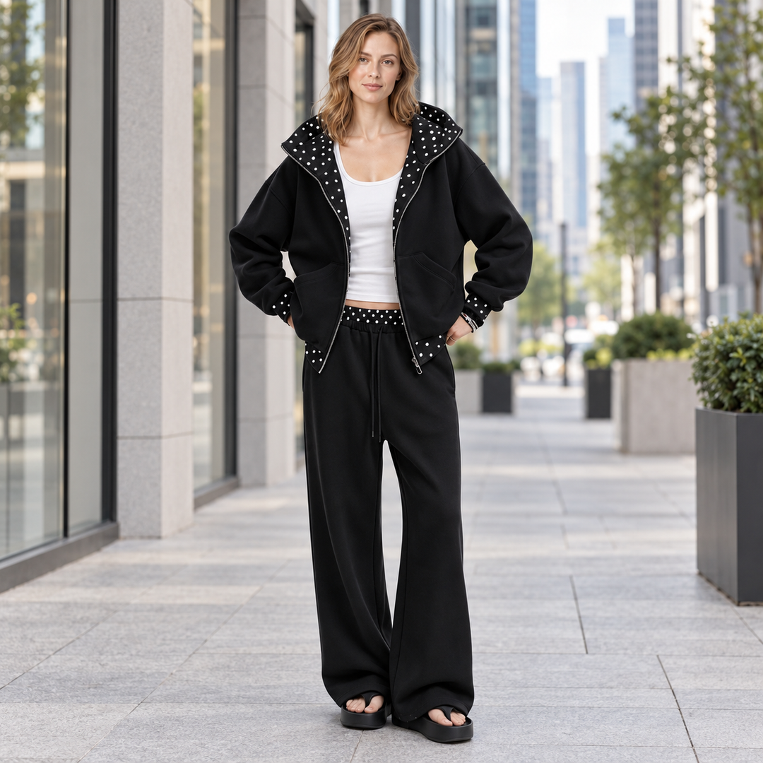 Women’s Polka Dot Trim Zip-Up Hoodie &amp; Wide-Leg Pants Set