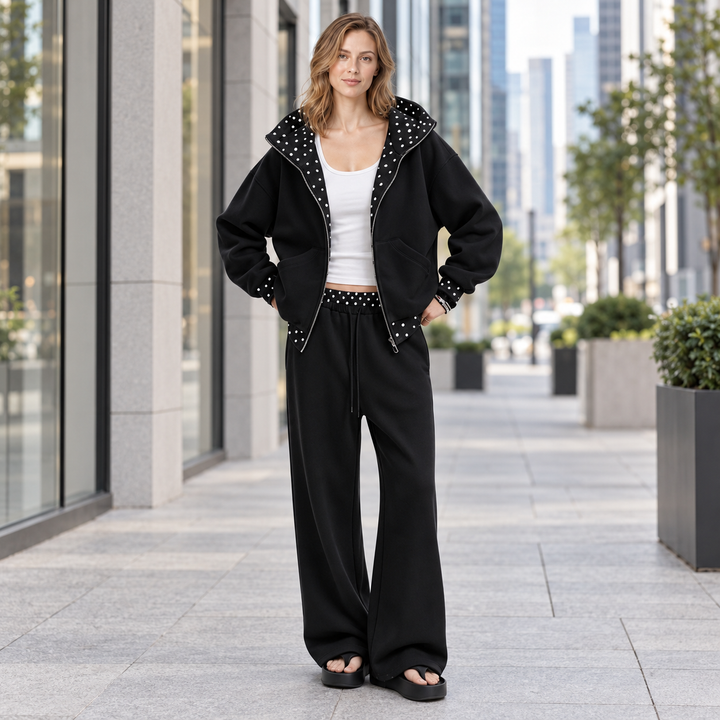 Women’s Polka Dot Trim Zip-Up Hoodie &amp; Wide-Leg Pants Set