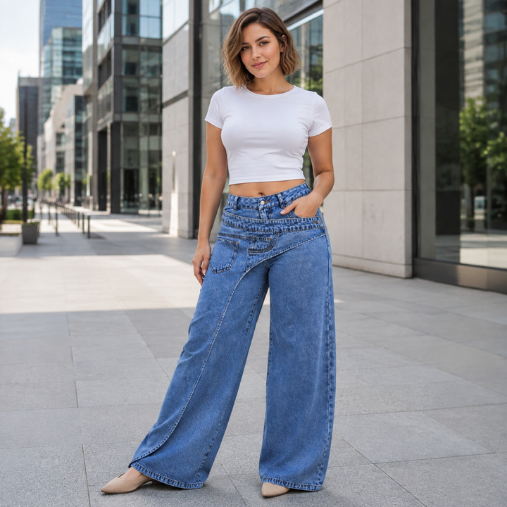 Crossover Waist Wide Leg Jeans