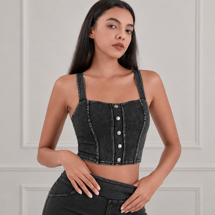 VISSONG Square-Neck Button-Front Denim Crop Top