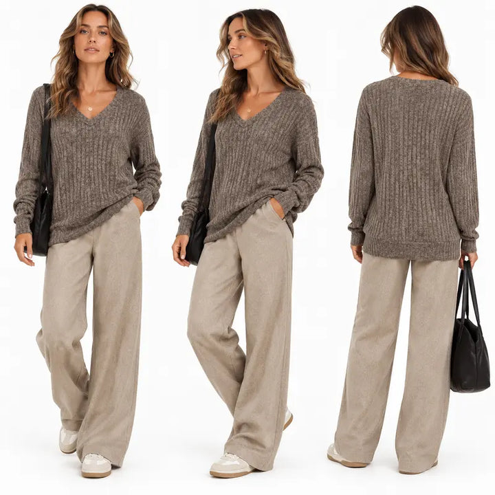 VISSONG Women’s Heathered Ribbed V-Neck Longline Sweater