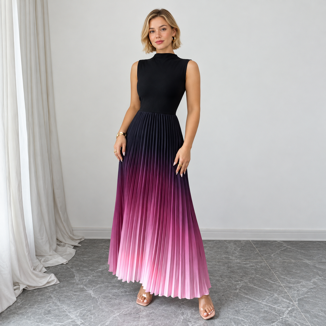 VISSONG Women’s Mock-Neck Ombré Pleated Maxi Dress