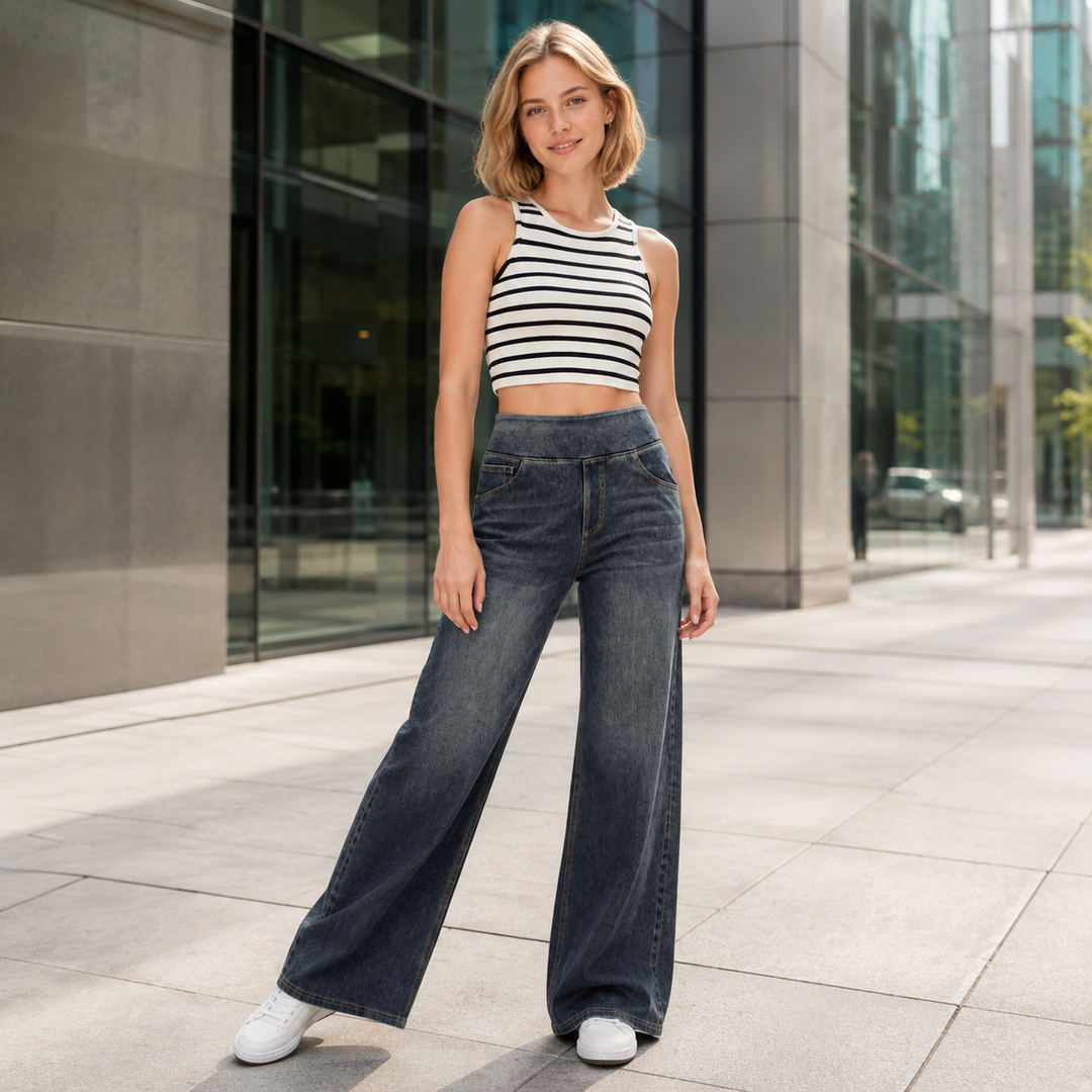 Pull-On High-Waist Wide-Leg Jeans