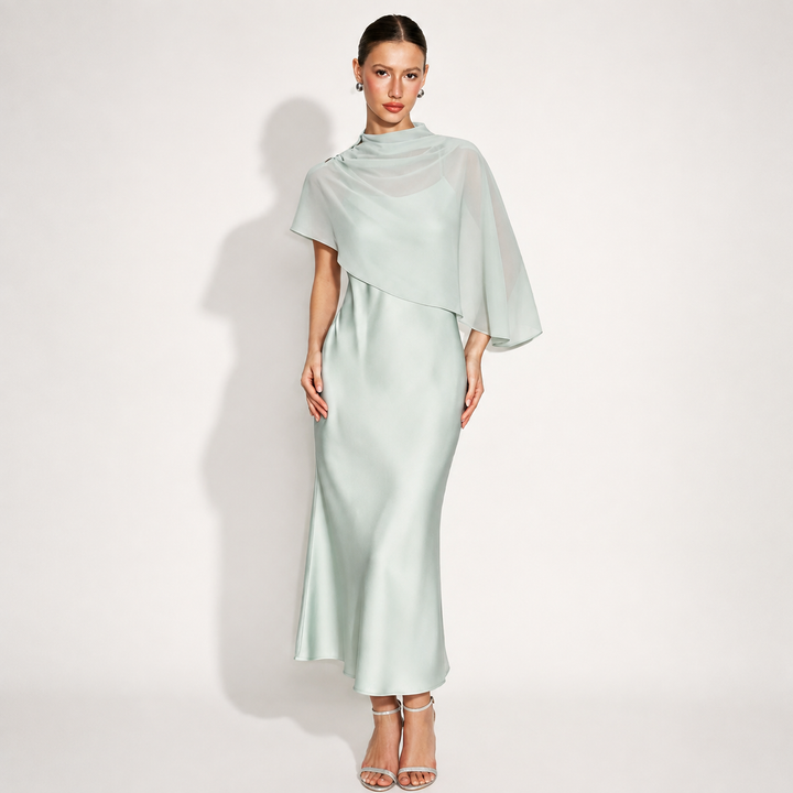 Elegant Sheer Cape Satin Midi Dress