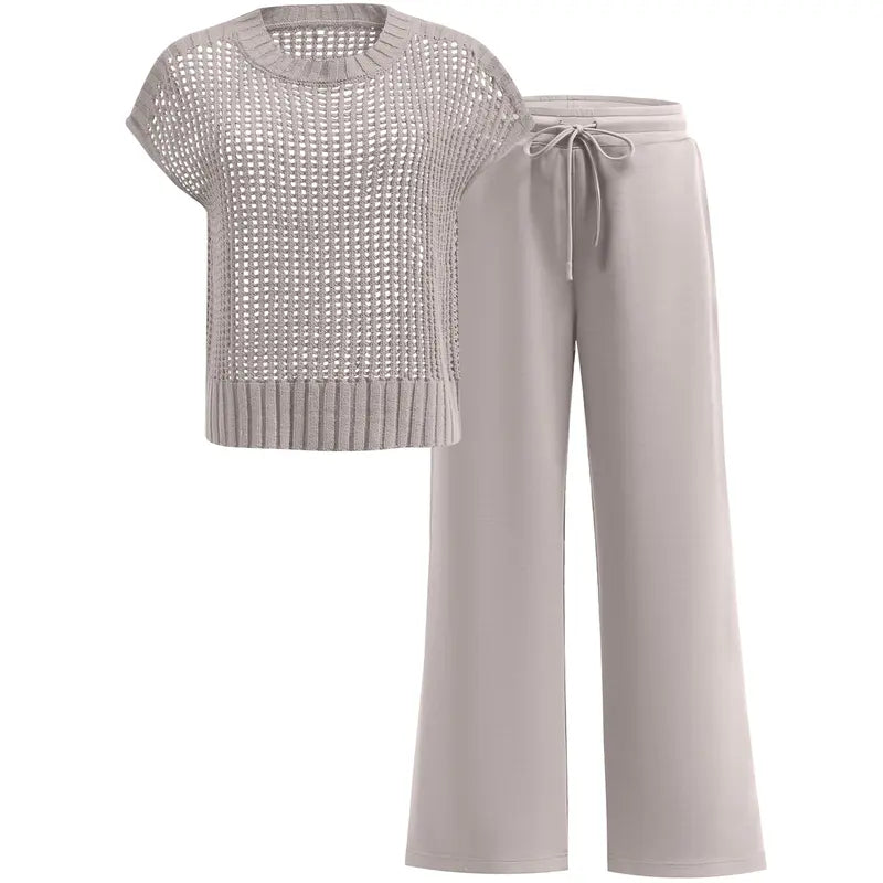 VISSONG Women’s Open-Knit Top Drawstring Wide-Leg Pants Set