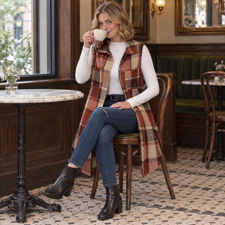 Long Plaid Button-Front Sleeveless Vest