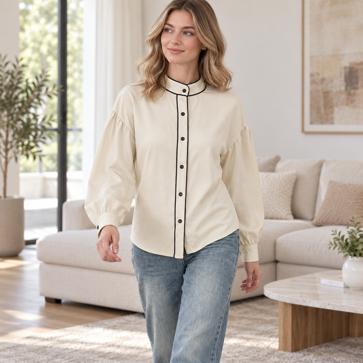 Contrast-Piped Stand-Collar Blouson-Sleeve Shirt