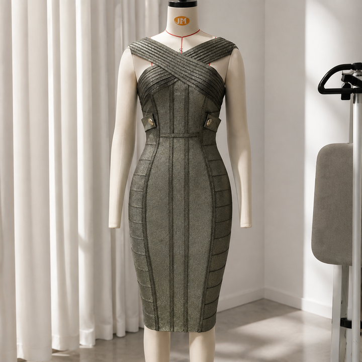 Elegant Cross Neck Bandage Midi Dress