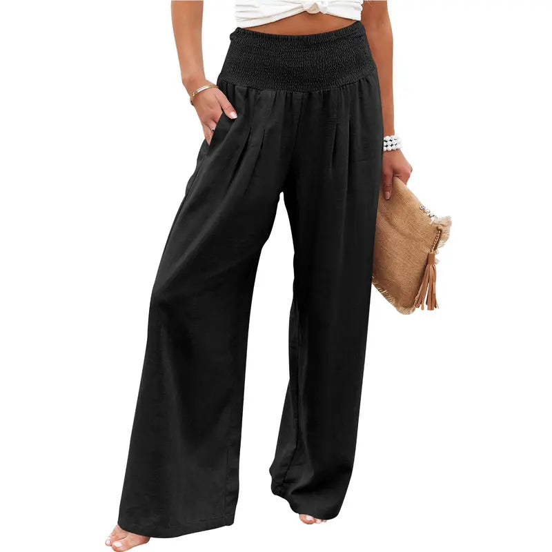 VISSONG Women’s Smocked High-Waist Pleated Palazzo Pants