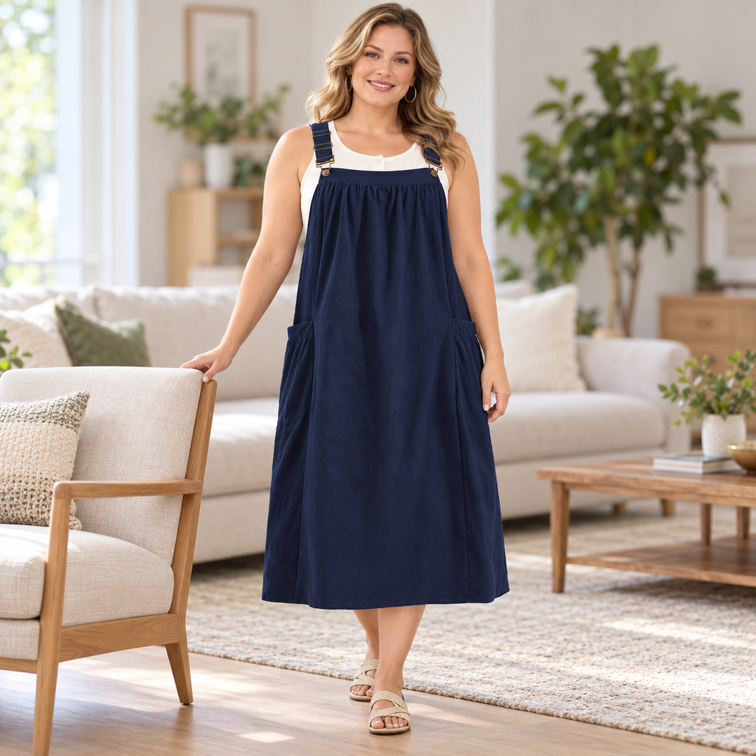 Women’s Cotton Buckle-Strap Gathered Pocket Pinafore Dress