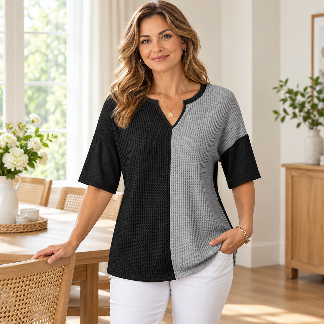 Women’s Colorblock Textured Split-Neck Relaxed Top