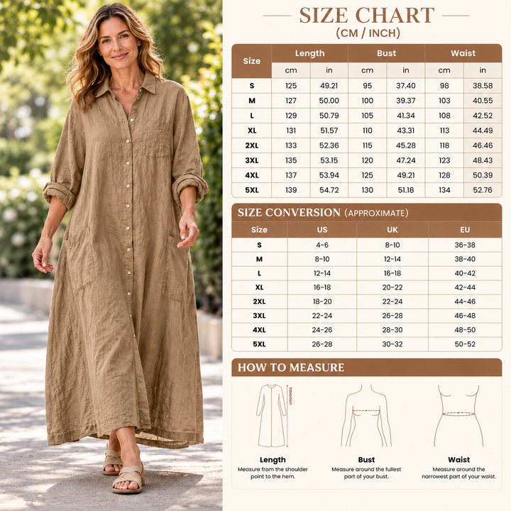 Women’s Cotton-Linen Button-Front Pocket Maxi Shirt Dress