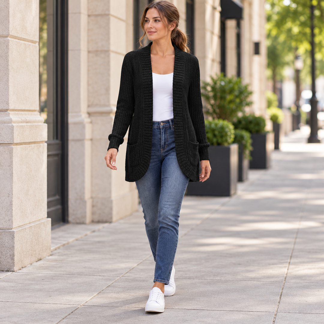 VISSONG Women’s Ribbed Open-Front Curved-Hem Pocket Cardigan