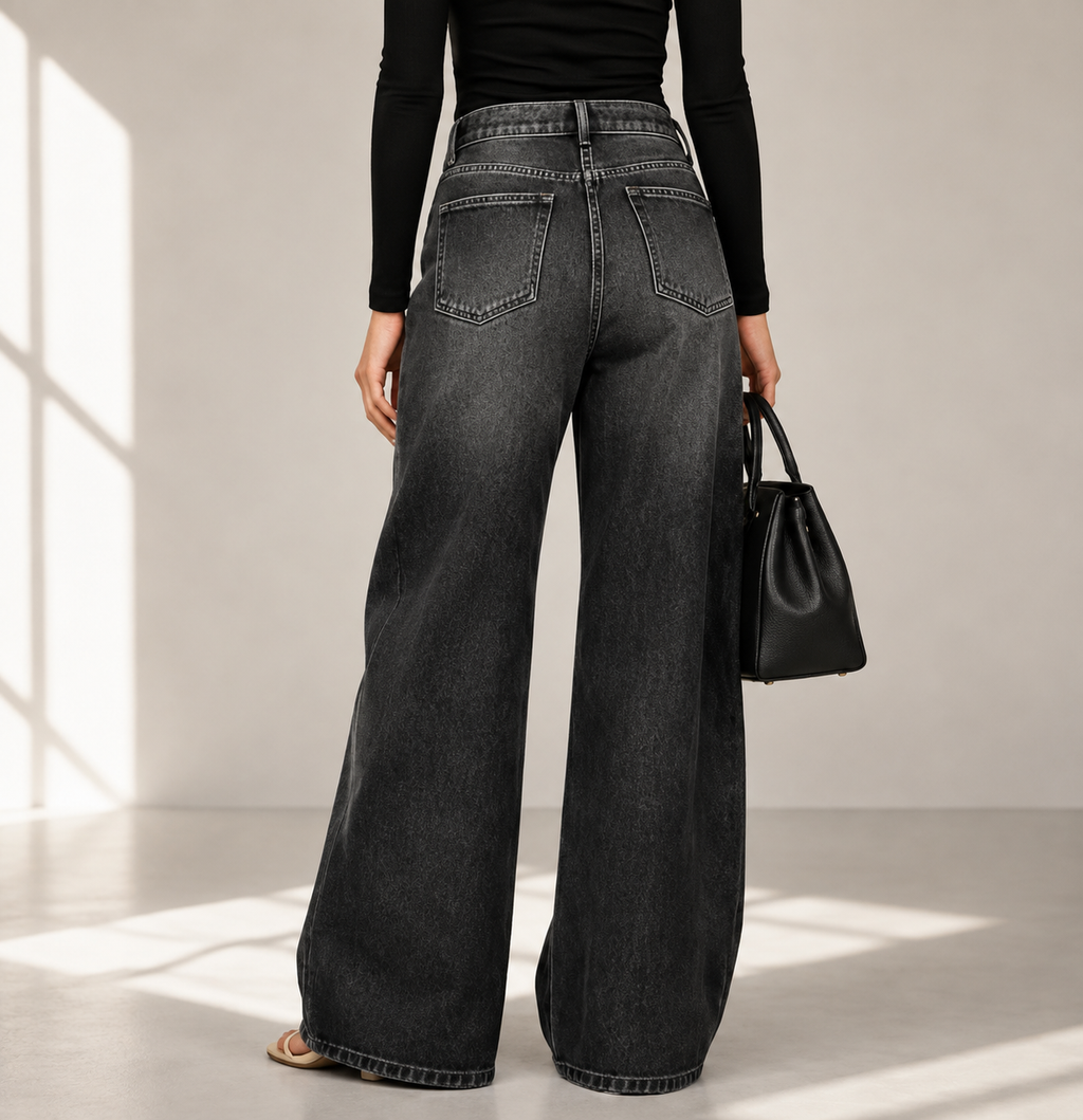 Women's High Waist Eyelet Wide Leg Denim Jeans