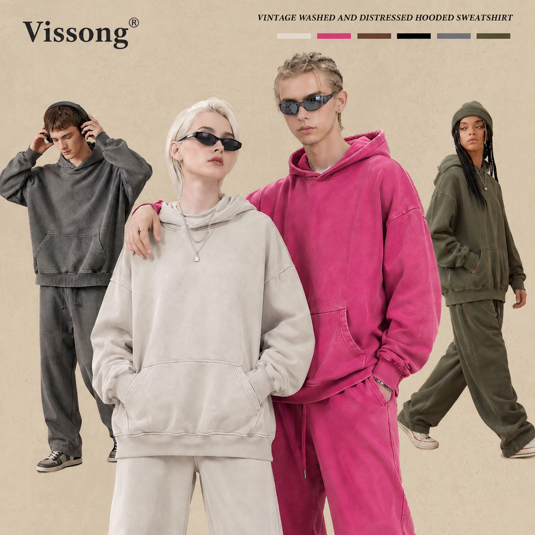 Vissong Vintage Washed Oversized Crewneck Sweatshirt and Hoodie Set