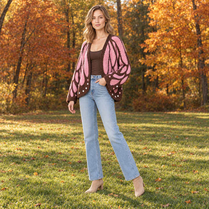 VISSONG Butterfly Wing Pattern Open-Front Knit Cardigan
