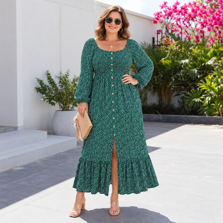 VISSONG Women’s Printed Smocked-Bodice Long-Sleeve Maxi Dress