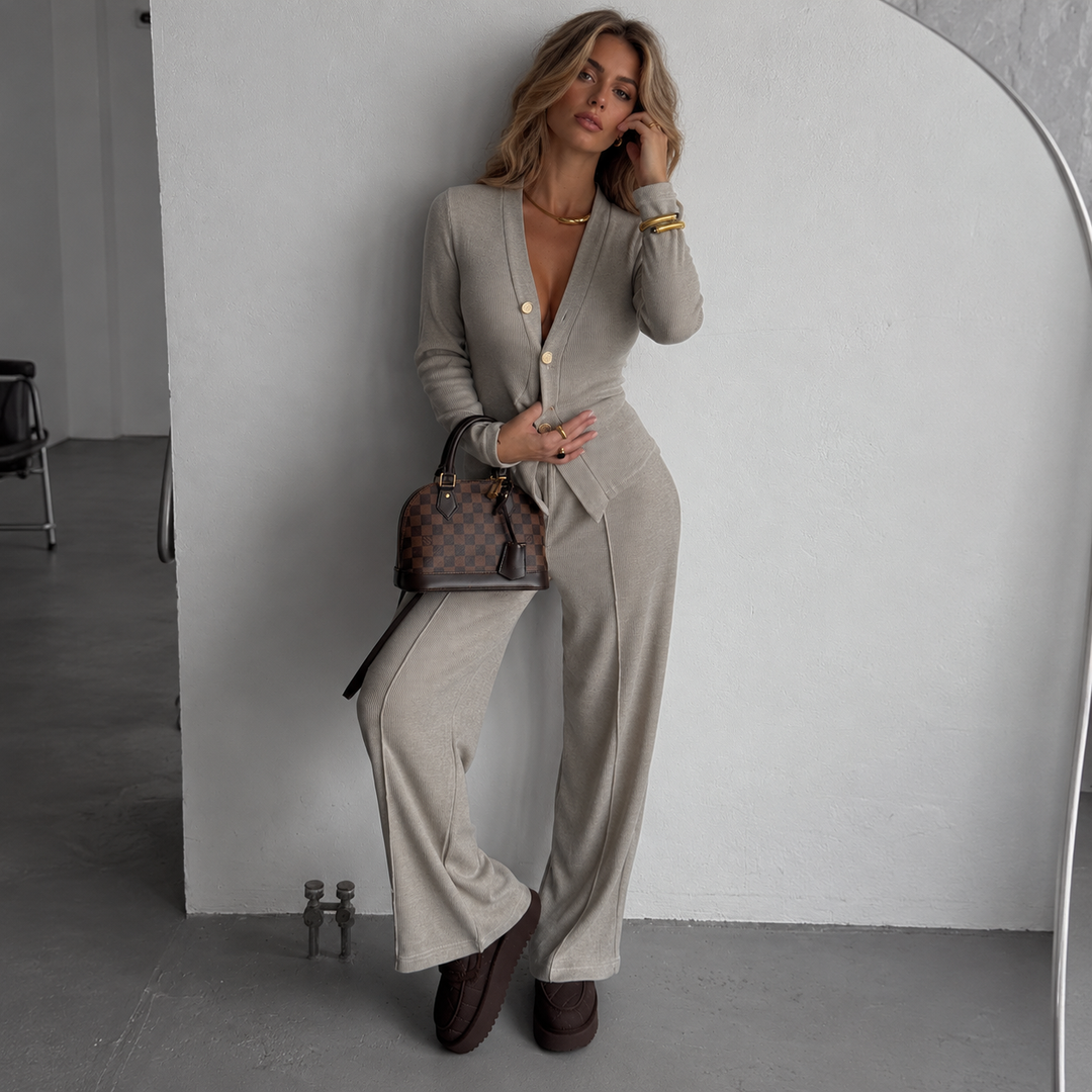 Women’s Ribbed Button-Front Cardigan &amp; Wide-Leg Pants Set