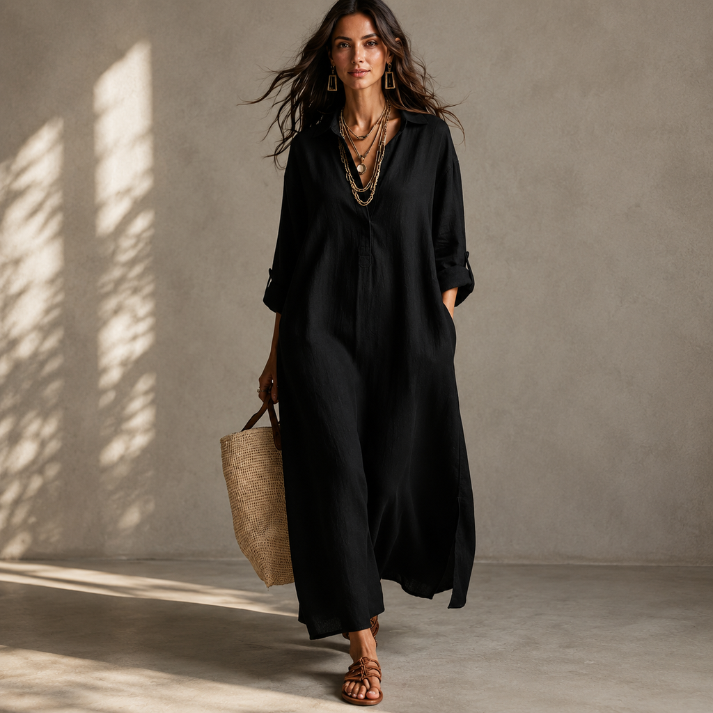 Relaxed Roll-Tab Maxi Shirt Dress
