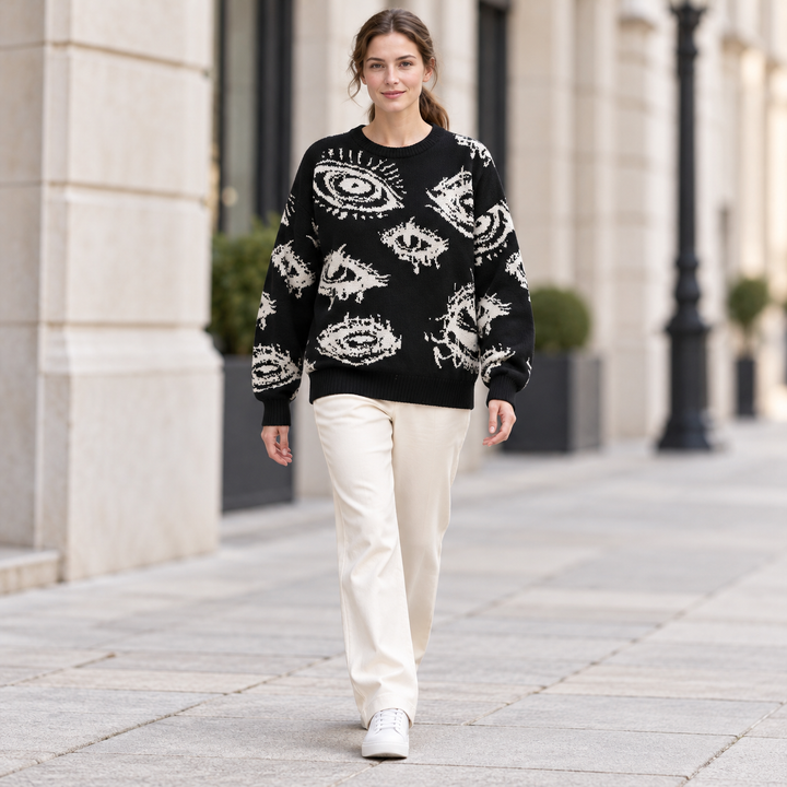 VISSONG Abstract Eye Motif Relaxed Knit Sweater