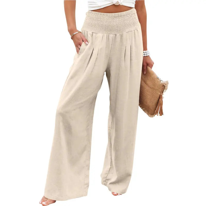 VISSONG Women’s Smocked High-Waist Pleated Palazzo Pants