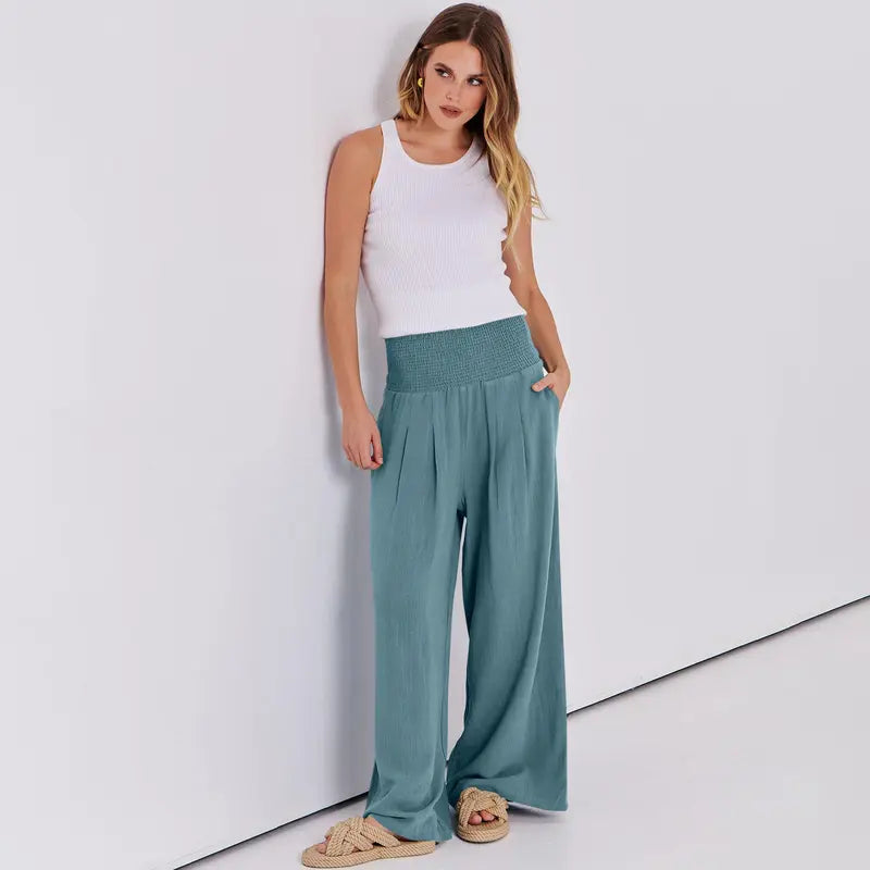 VISSONG Women’s Smocked High-Waist Pleated Palazzo Pants