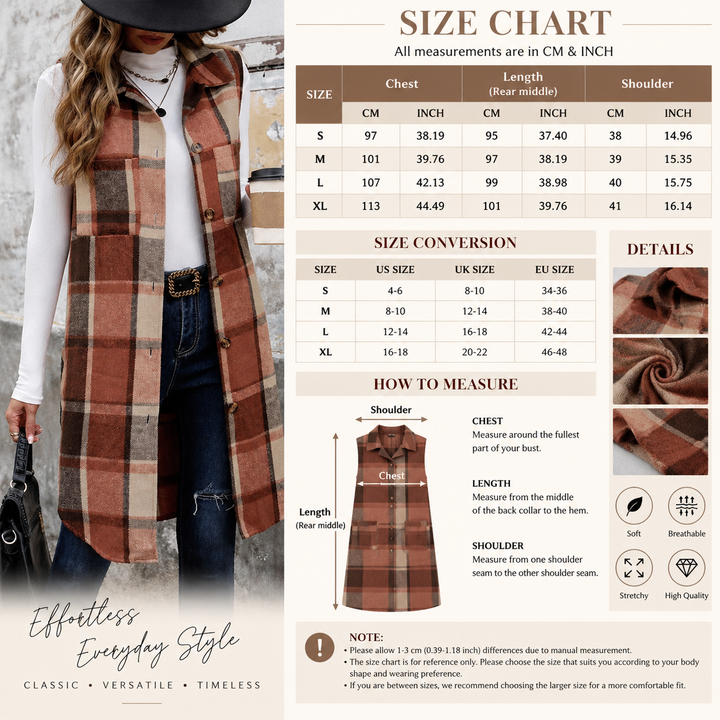 Long Plaid Button-Front Sleeveless Vest