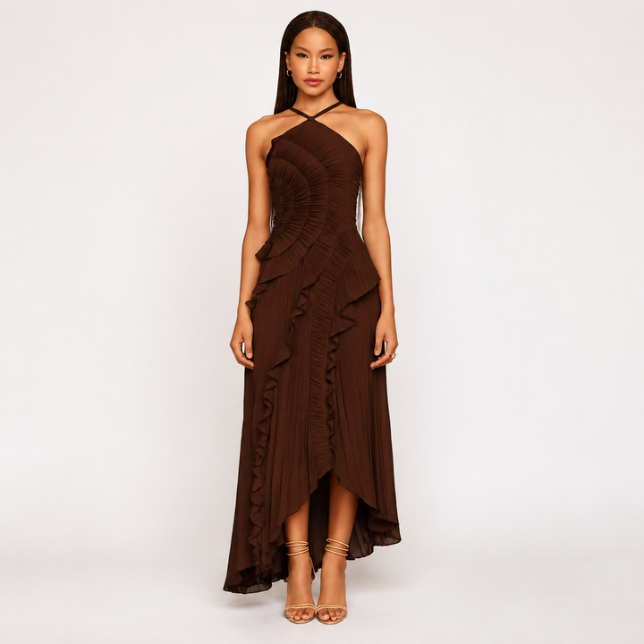 Women’s Pleated Halter Ruffle Maxi Dress