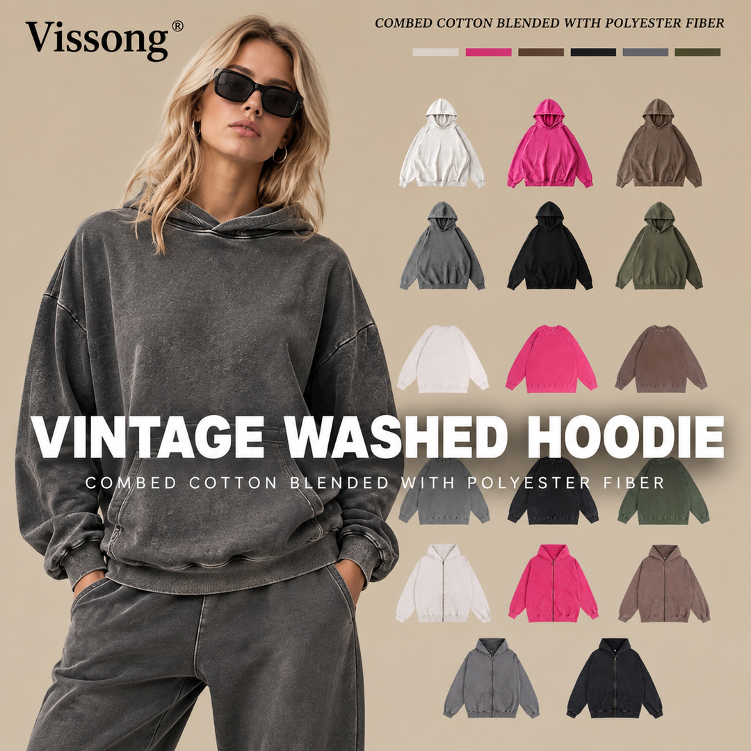 Vissong Vintage Washed Oversized Crewneck Sweatshirt and Hoodie Set