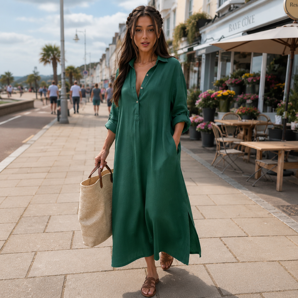 Relaxed Roll-Tab Maxi Shirt Dress