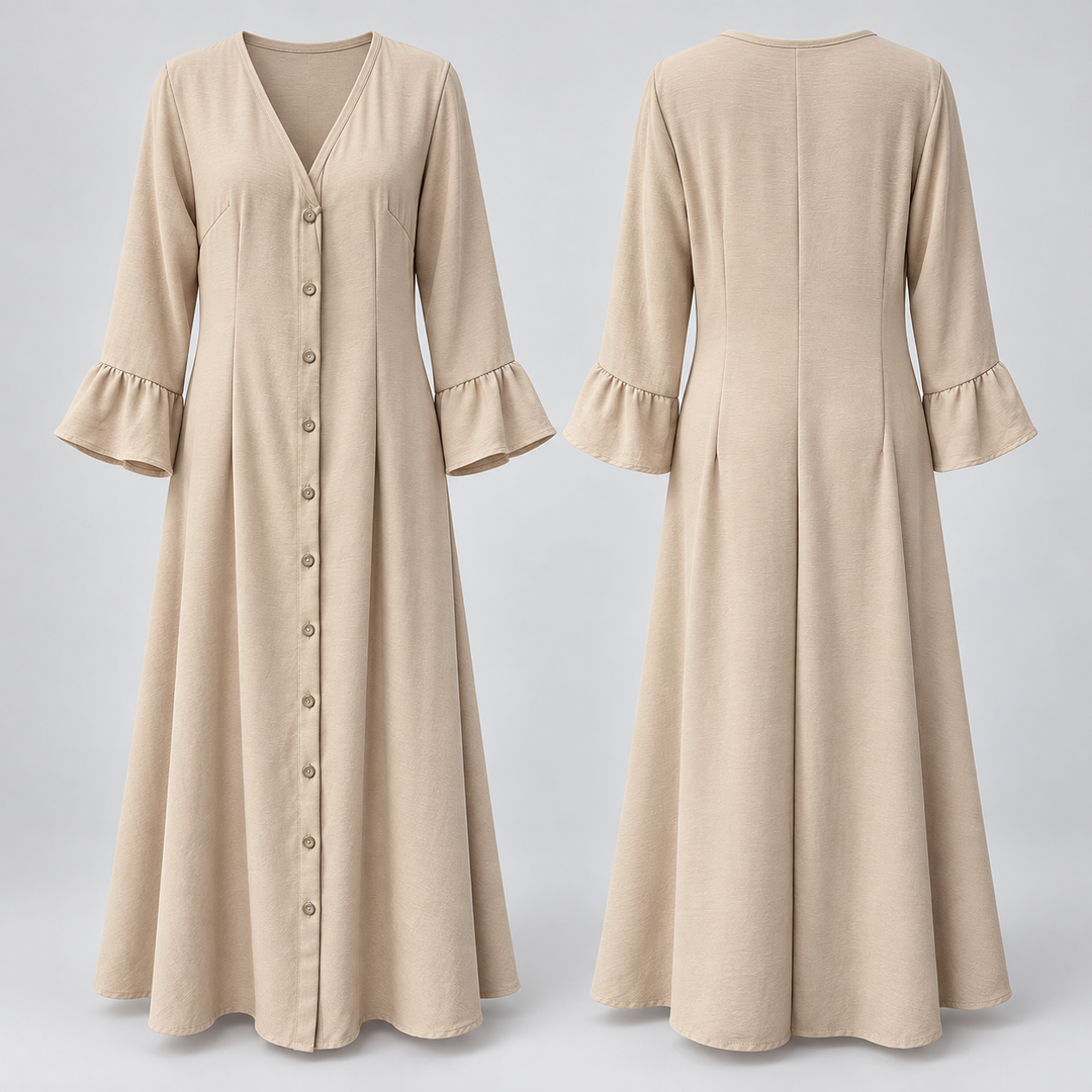 VISSONG Women’s V-Neck Button-Front Flounce-Cuff Maxi Dress